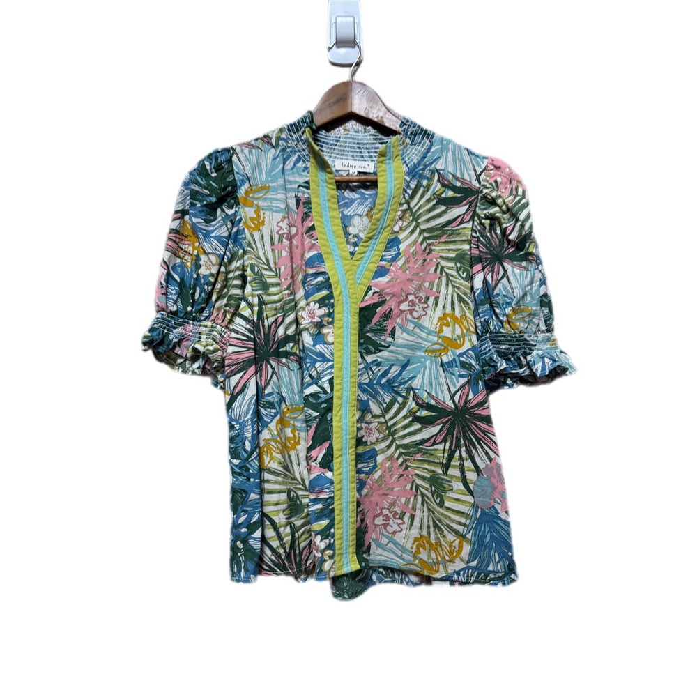 Indigo Soul Blouse Womens Med Multi Color Excellent Tropical Smocked Puff Sleeve